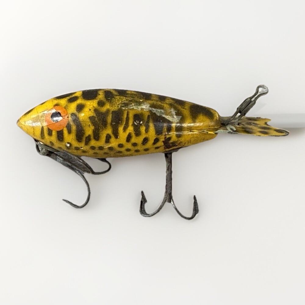 VTG Bomber Wood Fishing Lure, Yellow Red Spotted Red Eyes Treble Hooks